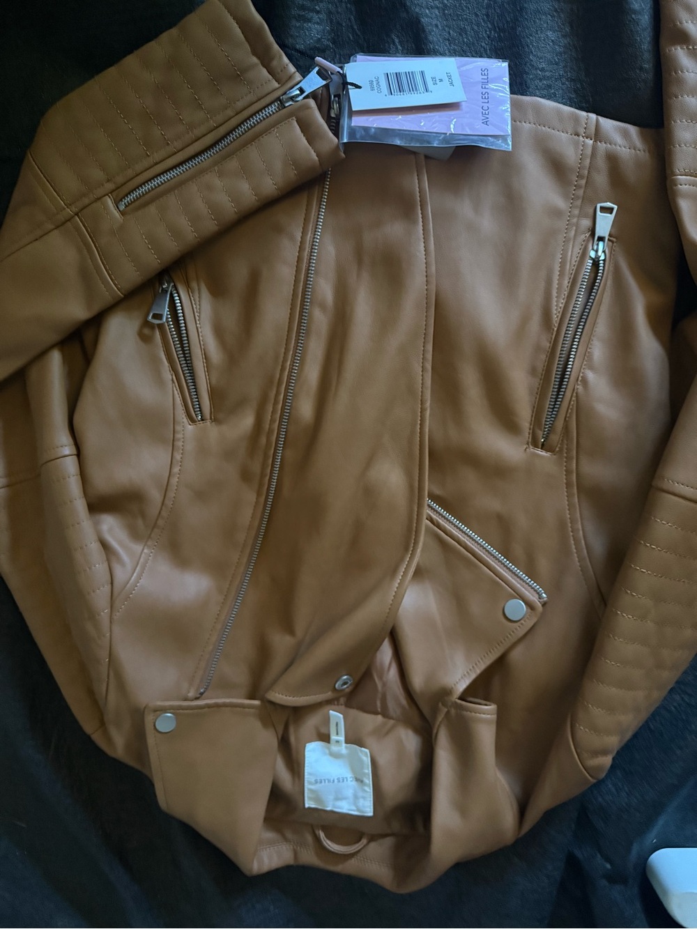 Avec Les Filles Camel Faux Leather Moto Jacket